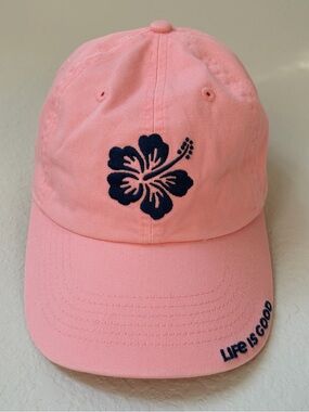 Life is Good Embroidered Hibiscus Chill Cap Pink With Navy Blue Flower Logo